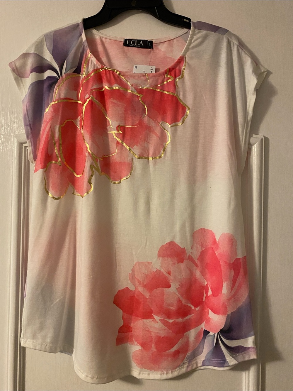 Women's White Top with Pink and Purple Floral Print, Gold Accent